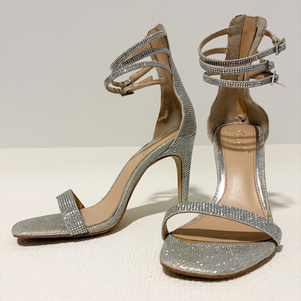 Jewel Badgley Mischka Silver Rhinestone Triple Ankle Strap Stiletto Sandals 7